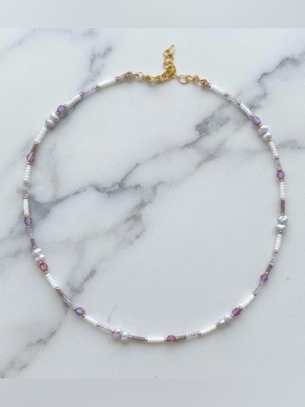 Freshwater Pearl Necklace with purple and white seed beads and gold accent. - Picture 1 of 2